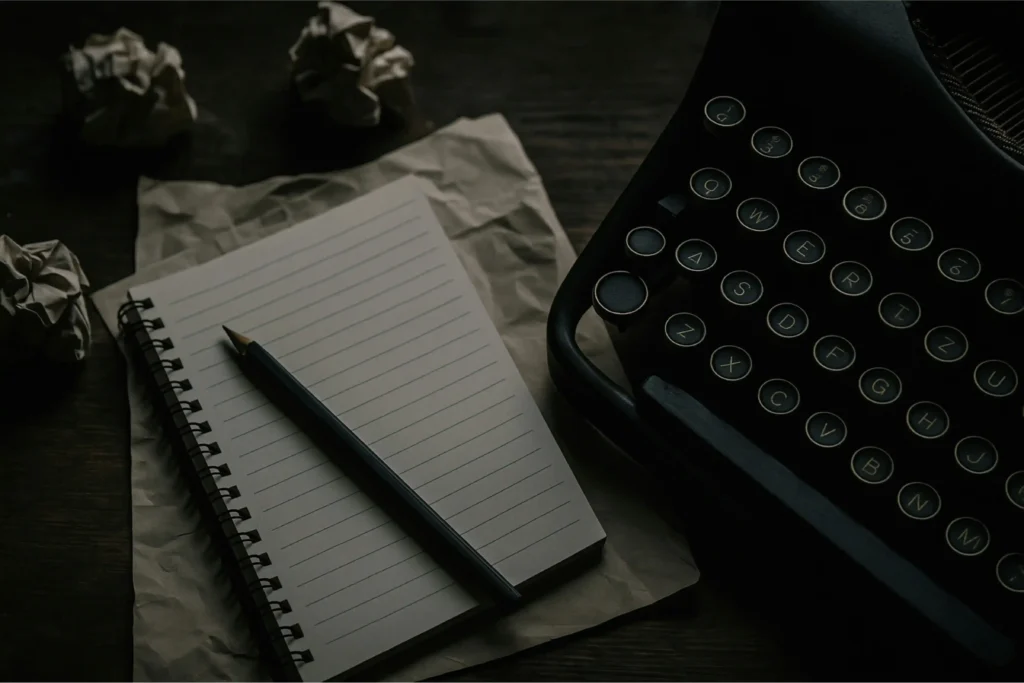 Bloc de notas con lápiz junto a una máquina de escribir antigua en un ambiente oscuro que representa el temario de clases de Ask Expert.